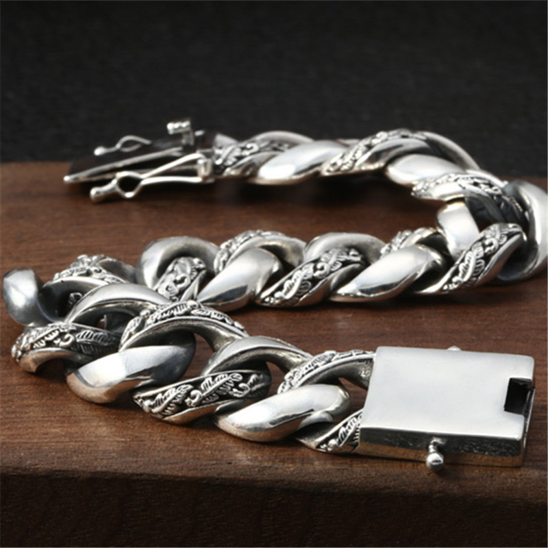 Solid 925 Sterling silver Men's Link Chain Bracelets Feather leaves 17mm Antique Vintage Punk Handmade Fashion Luxury Jewelry Accessories Gifts