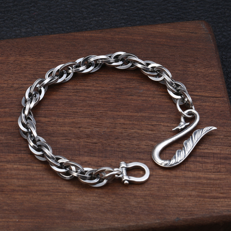 Solid 925 Sterling silver Link Chain Bracelets Twisted Eagle Hook Clasp 7mm Antique Vintage Punk Handmade Fashion Luxury Jewelry Accessories Gifts