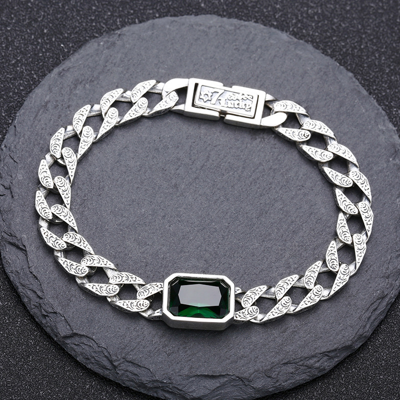 Solid 925 Sterling silver Link Chain Bracelets Textured Chains Green Stone Antique Vintage Punk Handmade Fashion Luxury Jewelry Accessories Gifts