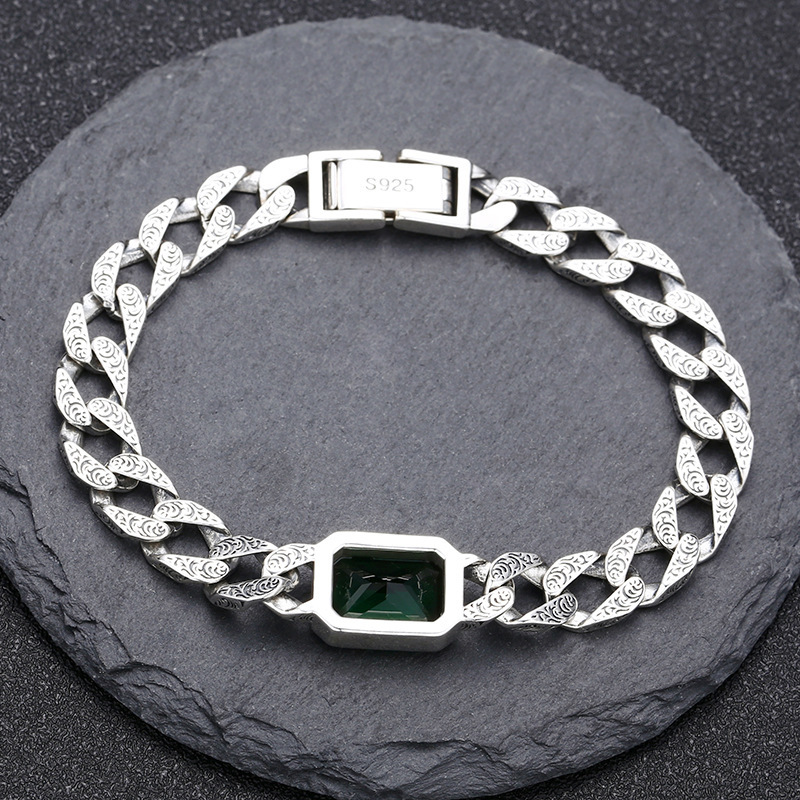 Solid 925 Sterling silver Link Chain Bracelets Textured Chains Green Stone Antique Vintage Punk Handmade Fashion Luxury Jewelry Accessories Gifts