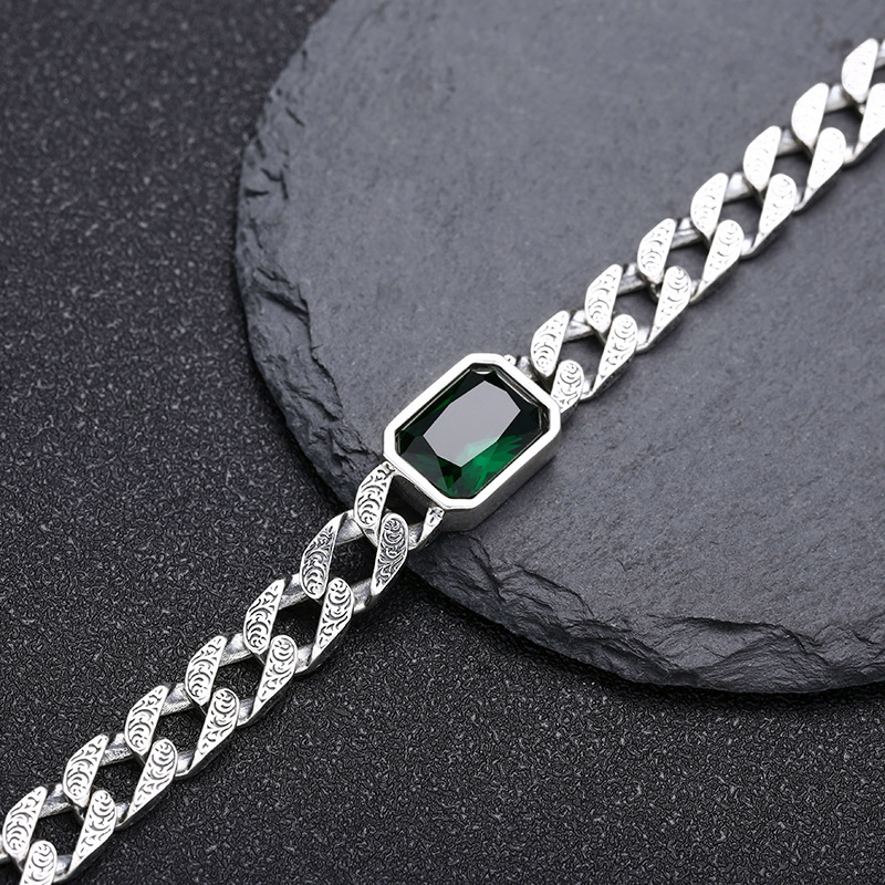 Solid 925 Sterling silver Link Chain Bracelets Textured Chains Green Stone Antique Vintage Punk Handmade Fashion Luxury Jewelry Accessories Gifts