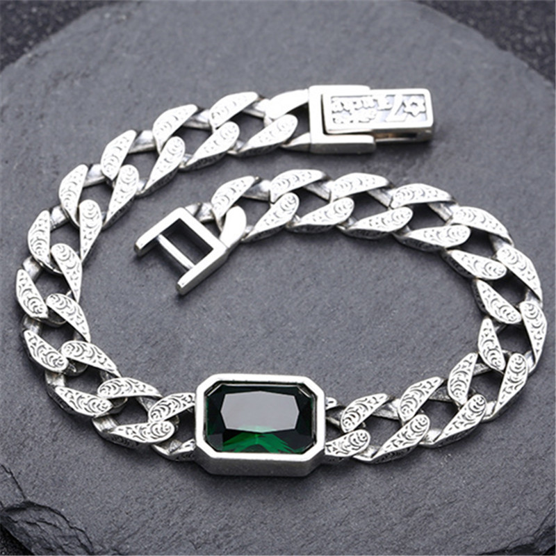 Solid 925 Sterling silver Link Chain Bracelets Textured Chains Green Stone Antique Vintage Punk Handmade Fashion Luxury Jewelry Accessories Gifts