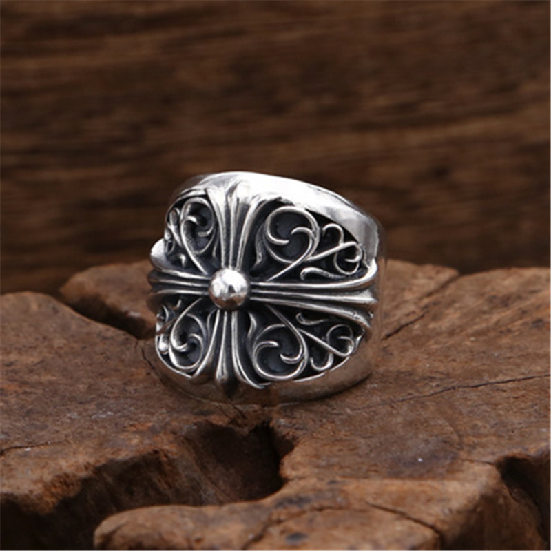 Crosses Floral Band Rings Large 925 Sterling Silver Gothic Punk Hip-Hop Vintage Antique Handmade Designer Jewelry Accessories Gifts