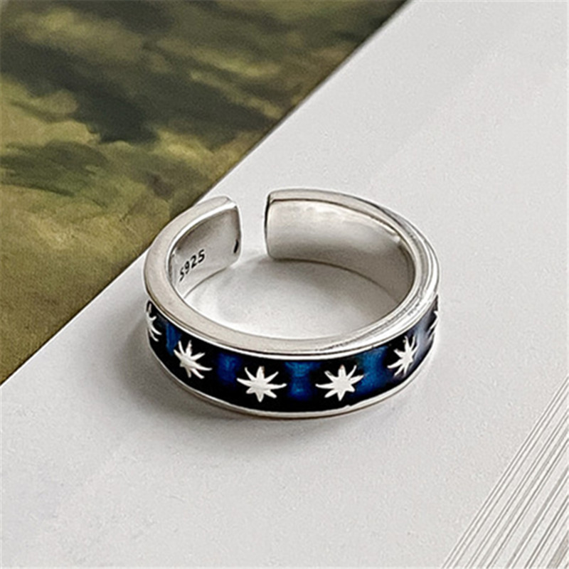 Stars Adjustable Band Ring 925 Sterling Silver Vintage Enamel Engagement Wedding Promise rings for Her US Size 6 7 Handmade Design Luxury Jewelry Accessories Gifts