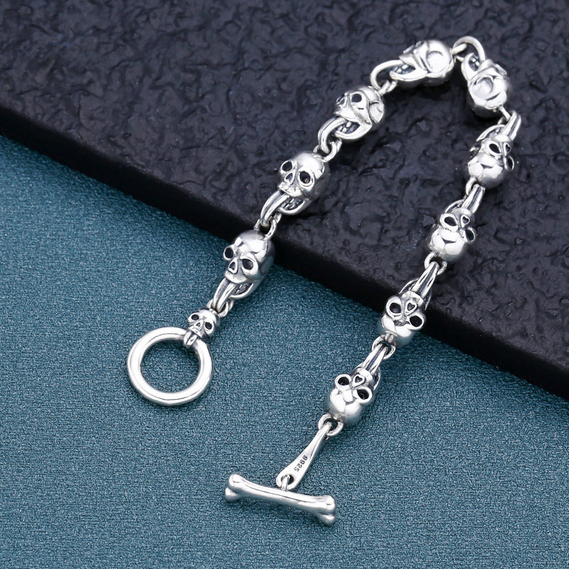 Chain Bracelets Skulls 925 Sterling Silver 17 20 cm Punk antique Vintage Links Handmade Chains Toggle Clasps Fashion Luxury Jewelry Accessories Gifts For Men Women