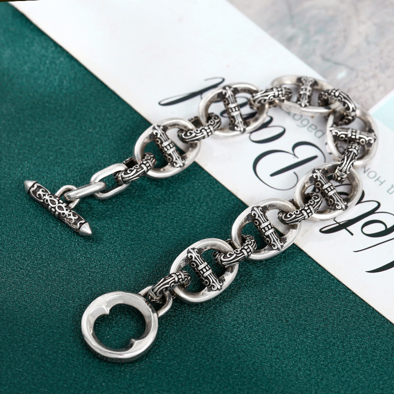 Chain Bracelets 925 Sterling Silver 17 cm Pig Nose Punk antique Vintage Links Handmade Chains Toggle Clasps Fashion Luxury Jewelry Accessories Gifts For Men Women