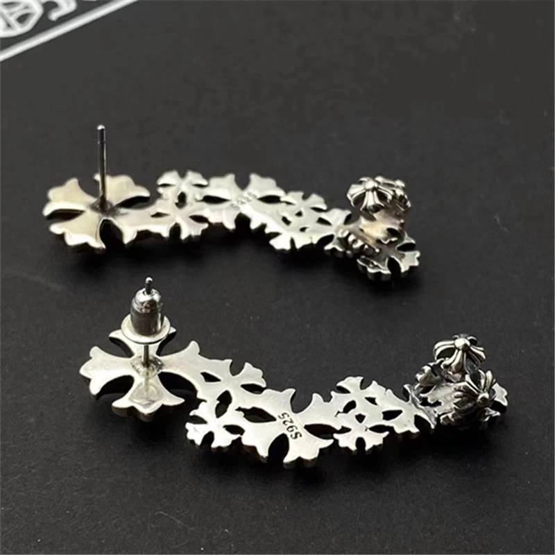 Multiple Crosses Stud 925 Sterling Silver Earrings Ear Cuff Gothic Punk Hip-hop hand-made designer vintage luxury jewelry accessories gift for Women