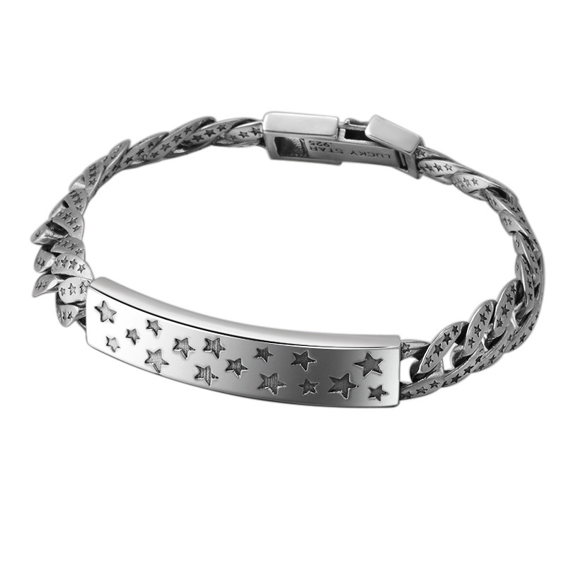 Chain Bracelets 925 Sterling Silver 18 20 cm Stars Links Antique Gothic Punk Vintage Handmade Chains Bracelet Flod back clasps Jewelry Accessories Gifts For Men