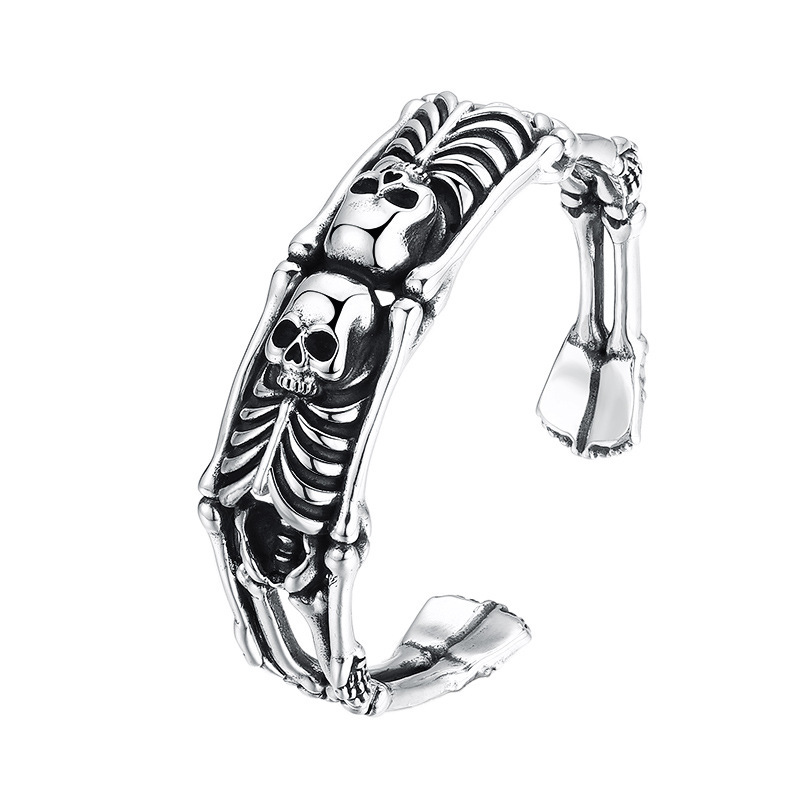 Double Skulls Bangle Bracelet 925 Sterling Silver Gothic Punk Vintage Handmade Skeleton Cuff Bracelets Jewelry Accessories Gifts For Men Women 60 mm ID