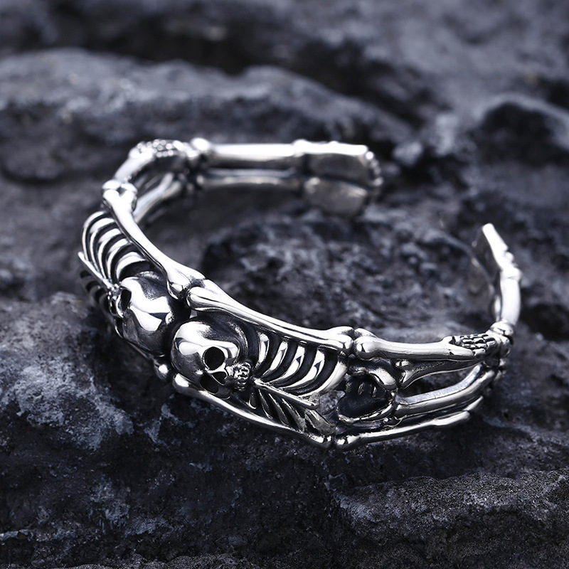 Double Skulls Bangle Bracelet 925 Sterling Silver Gothic Punk Vintage Handmade Skeleton Cuff Bracelets Jewelry Accessories Gifts For Men Women 60 mm ID