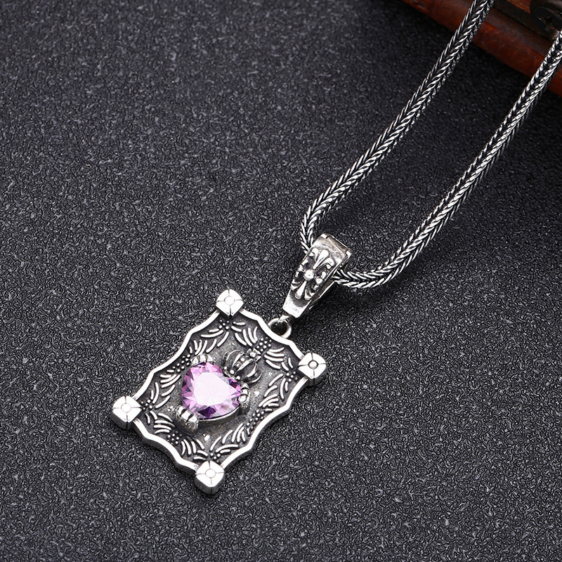 Cross Crown Heart Pendant Necklace Pink Stone 925 Sterling Silver Vintage Jewelry Accessories