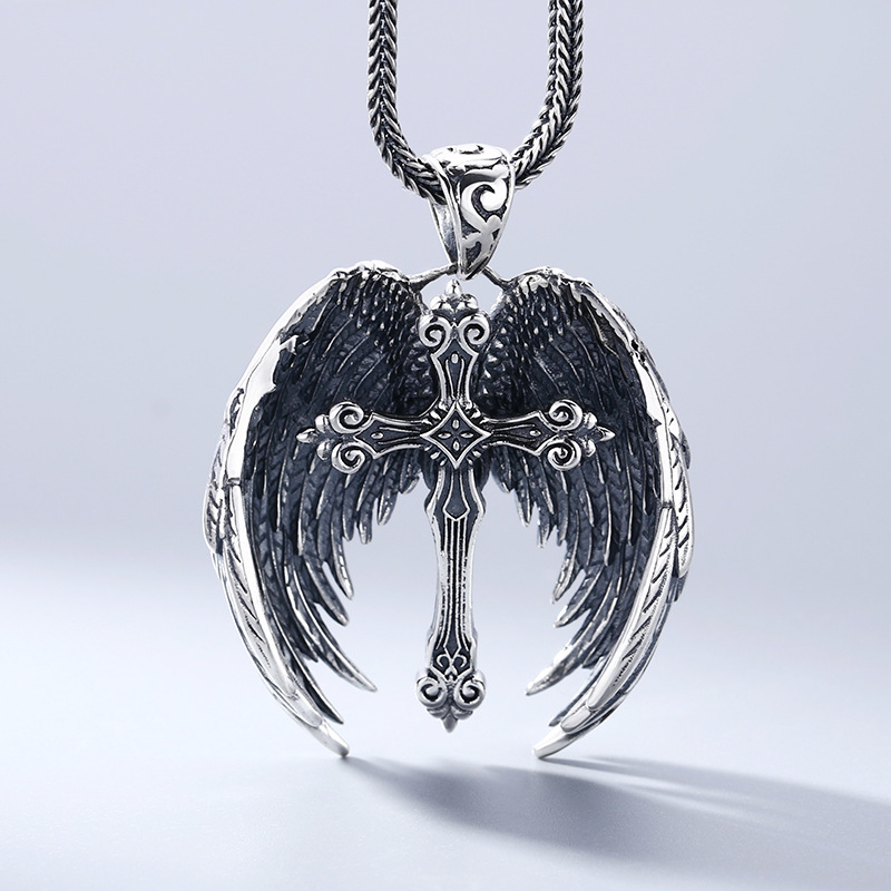 925 Sterling Silver Cross Wings Pendant Necklaces Vintage Gothic Punk Hiphop Antique Designer Luxury Jewelry Accessories