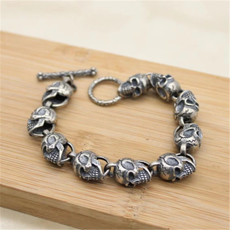 Skull Link Chain Bracelet 925 Sterling Silver Gothic Punk Vintage Handmade Jewelry Accessories Gifts For Men 20 22cm