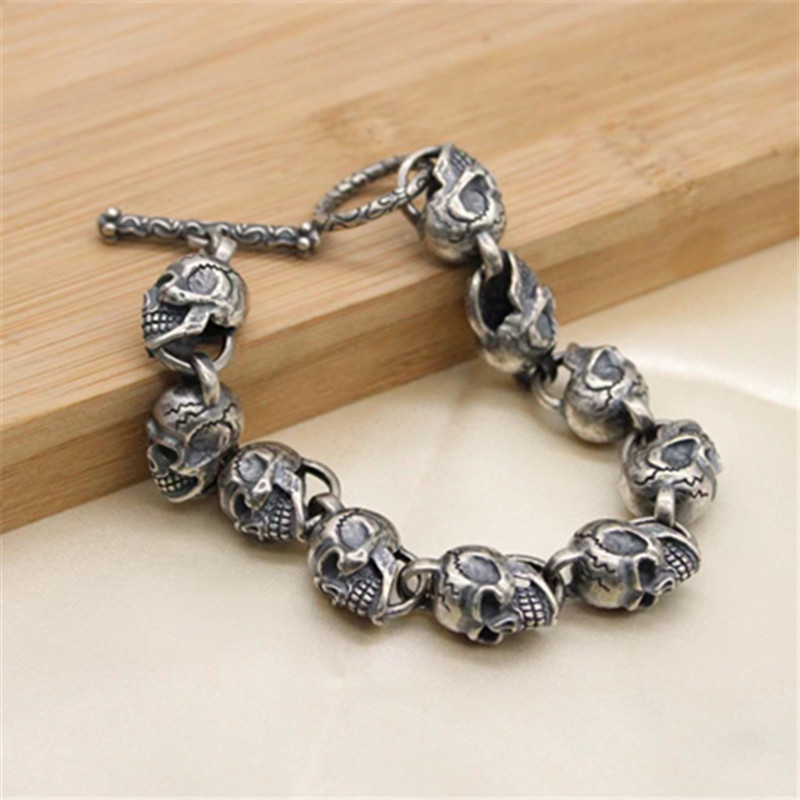 Skull Link Chain Bracelet 925 Sterling Silver Gothic Punk Vintage Handmade Jewelry Accessories Gifts For Men 20 22cm