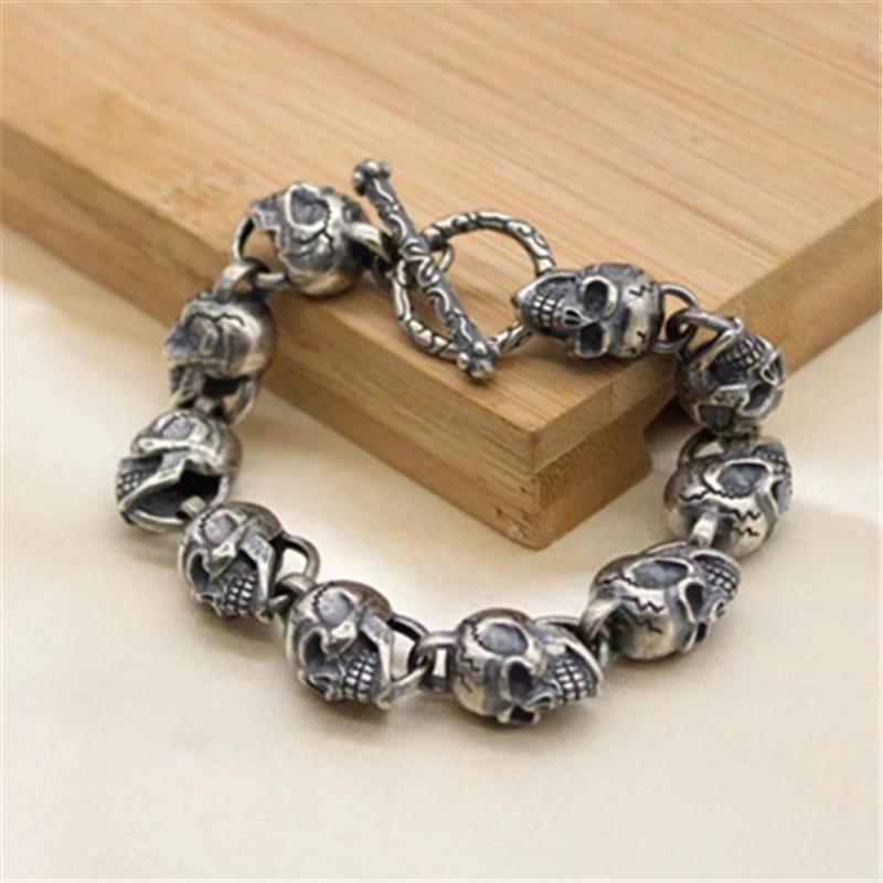 Skull Link Chain Bracelet 925 Sterling Silver Gothic Punk Vintage Handmade Jewelry Accessories Gifts For Men 20 22cm