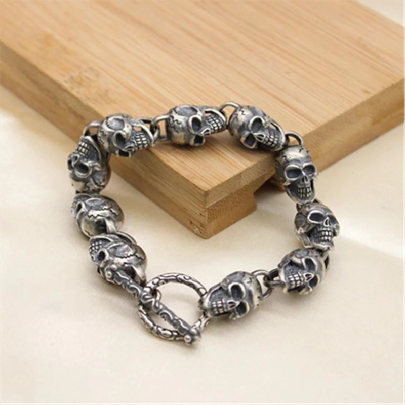 Skull Link Chain Bracelet 925 Sterling Silver Gothic Punk Vintage Handmade Jewelry Accessories Gifts For Men 20 22cm