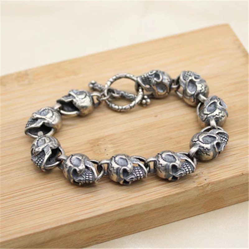 Skull Link Chain Bracelet 925 Sterling Silver Gothic Punk Vintage Handmade Jewelry Accessories Gifts For Men 20 22cm