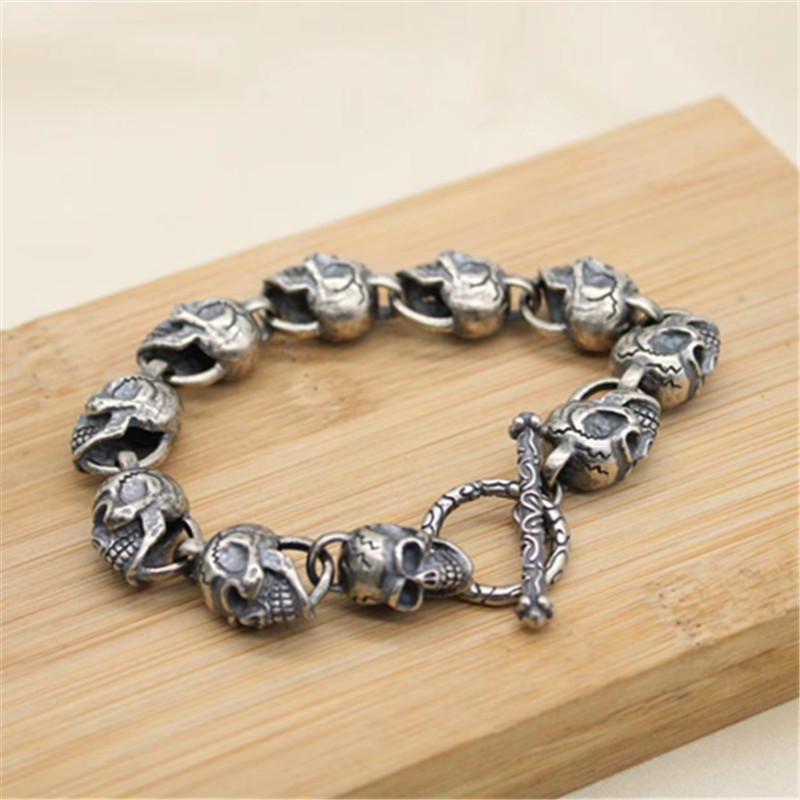 Skull Link Chain Bracelet 925 Sterling Silver Gothic Punk Vintage Handmade Jewelry Accessories Gifts For Men 20 22cm