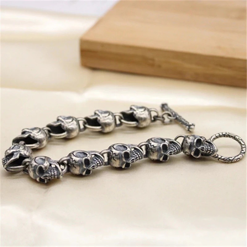 Skull Link Chain Bracelet 925 Sterling Silver Gothic Punk Vintage Handmade Jewelry Accessories Gifts For Men 20 22cm