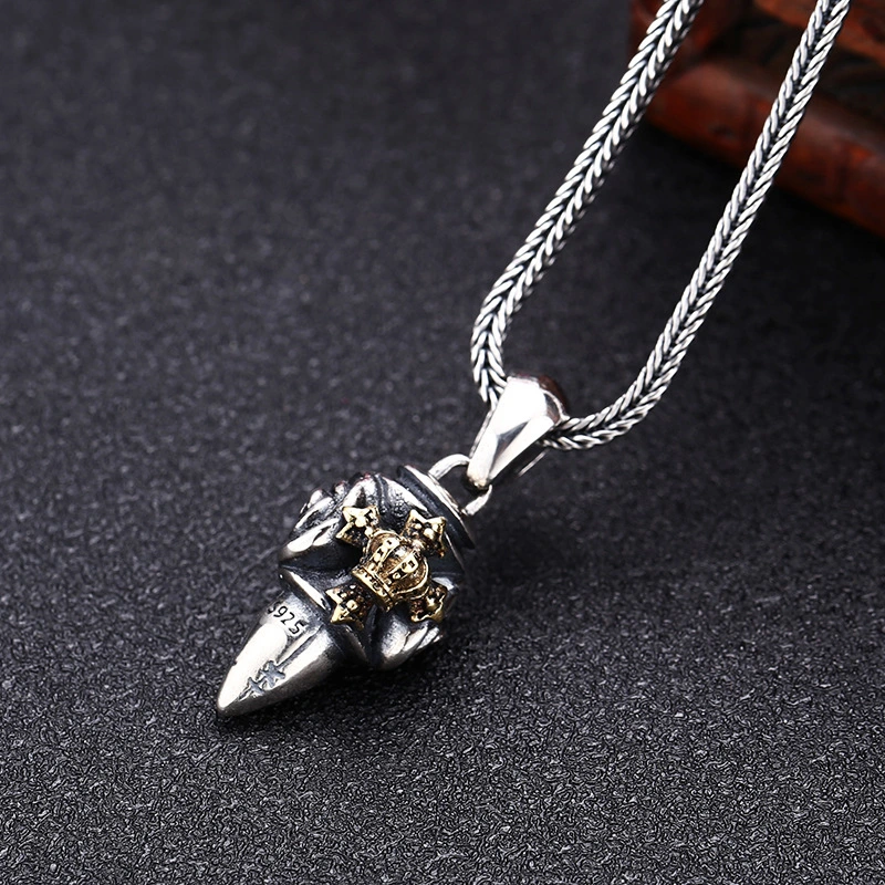 Crown Flower Bullet Pendant Necklaces 925 Sterling Silver Vintage Gothic Punk Hiphop Antique Designer Luxury Jewelry Accessories