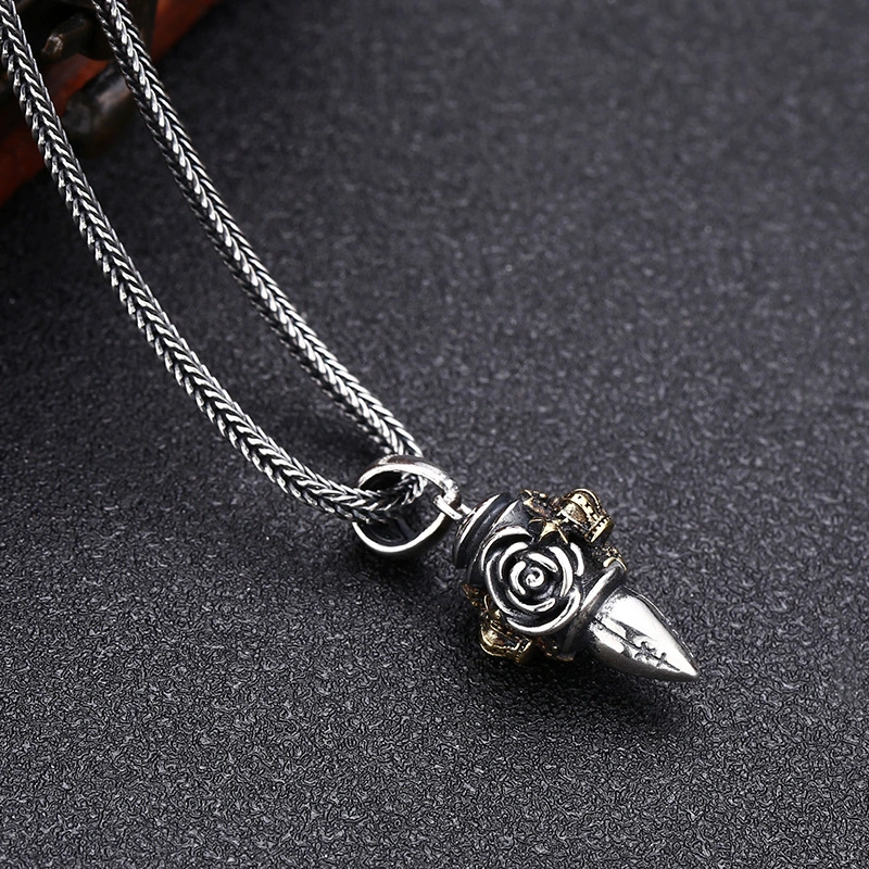 Crown Flower Bullet Pendant Necklaces 925 Sterling Silver Vintage Gothic Punk Hiphop Antique Designer Luxury Jewelry Accessories