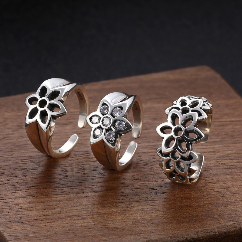 Flowers adjustable Band Rings 925 Sterling Silver Gothic Punk Hip-Hop Vintage Antique Handmade Designer Jewelry Accessories Gifts