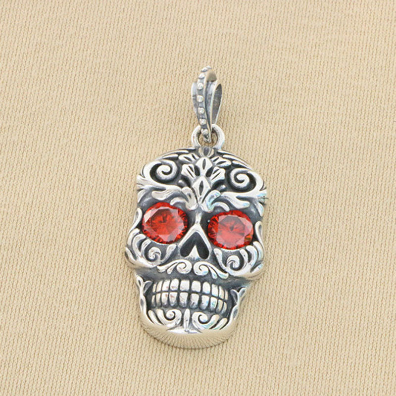Skull Pendant With Red Stones 925 Sterling Silver Jewelry
