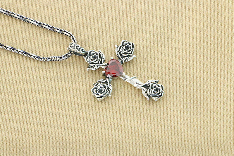 Rose Flowers Cross Pendant 925 Sterling Silver Jewelry