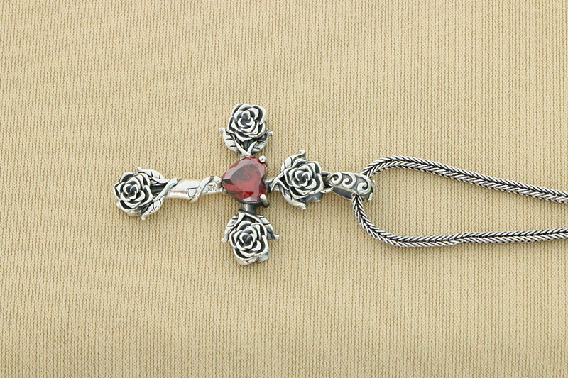 Rose Flowers Cross Pendant 925 Sterling Silver Jewelry