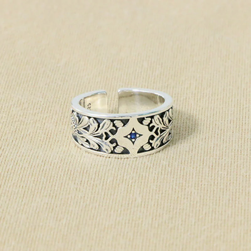 Flowers and grass Adjustable Ring 925 Sterling Silver Jewelry