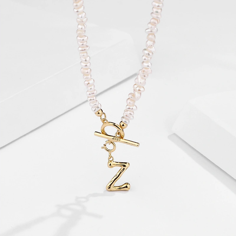 Irregular Pearls Beaded Necklace With Alphabet Pendant 925 Sterling silver Jewelry