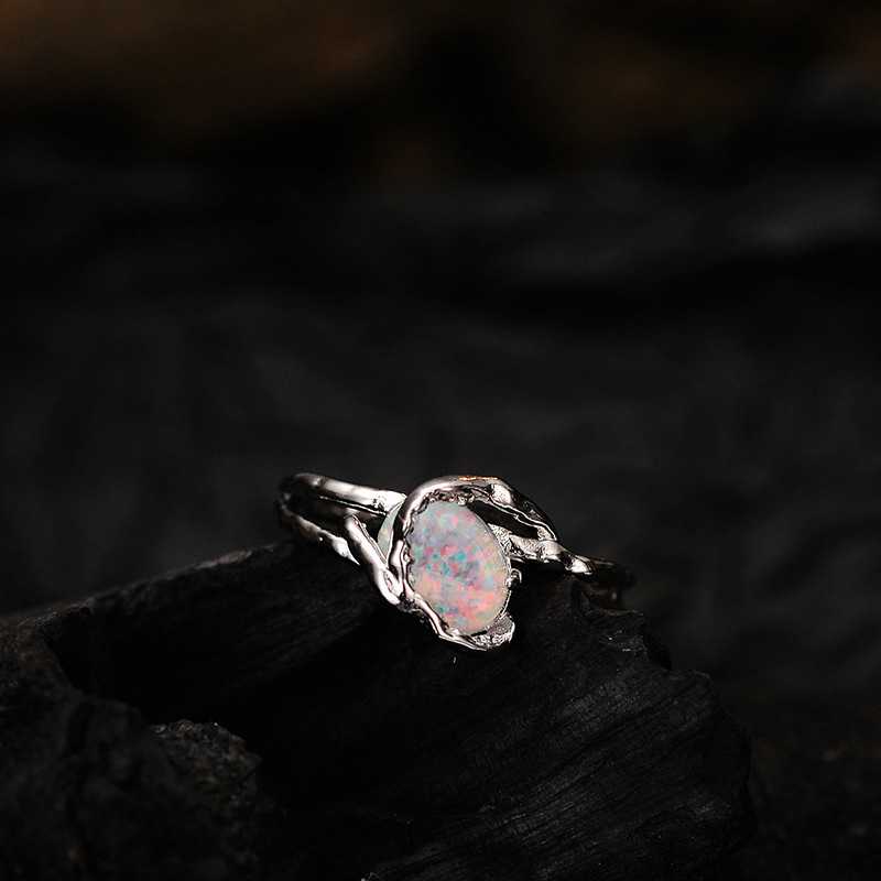 Irregular Texture Adjustable Ring 925 Sterling Silver Jewelry With Opal Stone
