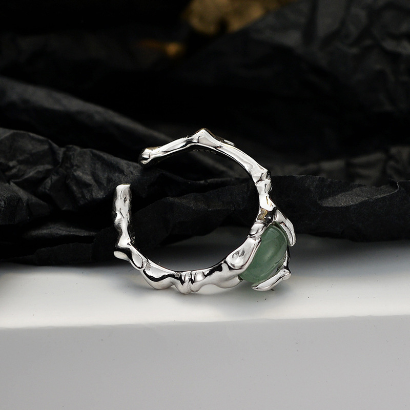 Irregular Texture Adjustable Ring 925 Sterling Silver Jewelry With Geen Stone