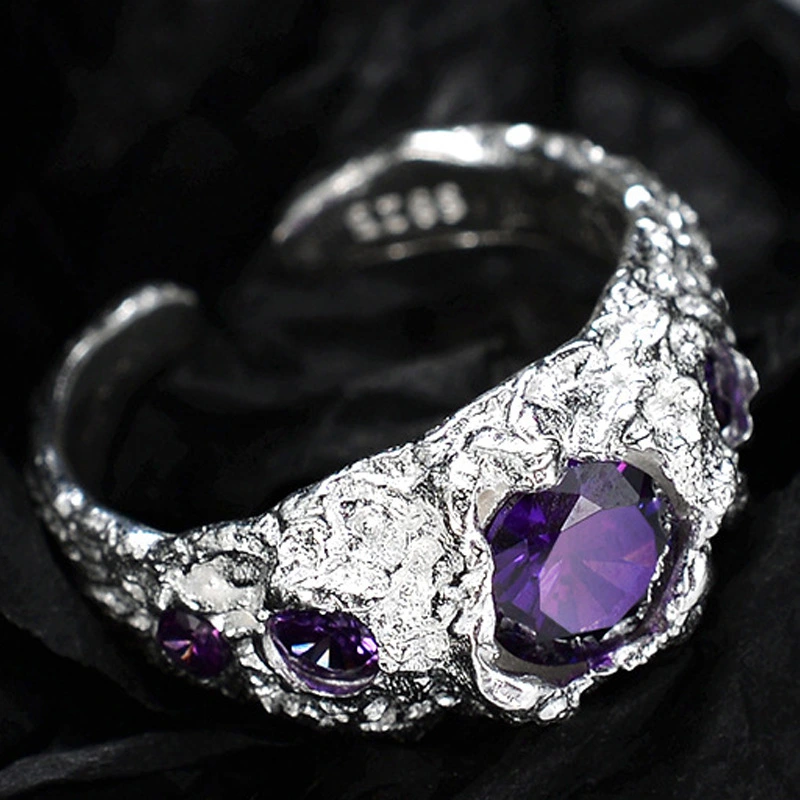 Irregular Texture Adjustable Ring 925 Sterling Silver Jewelry With Stones