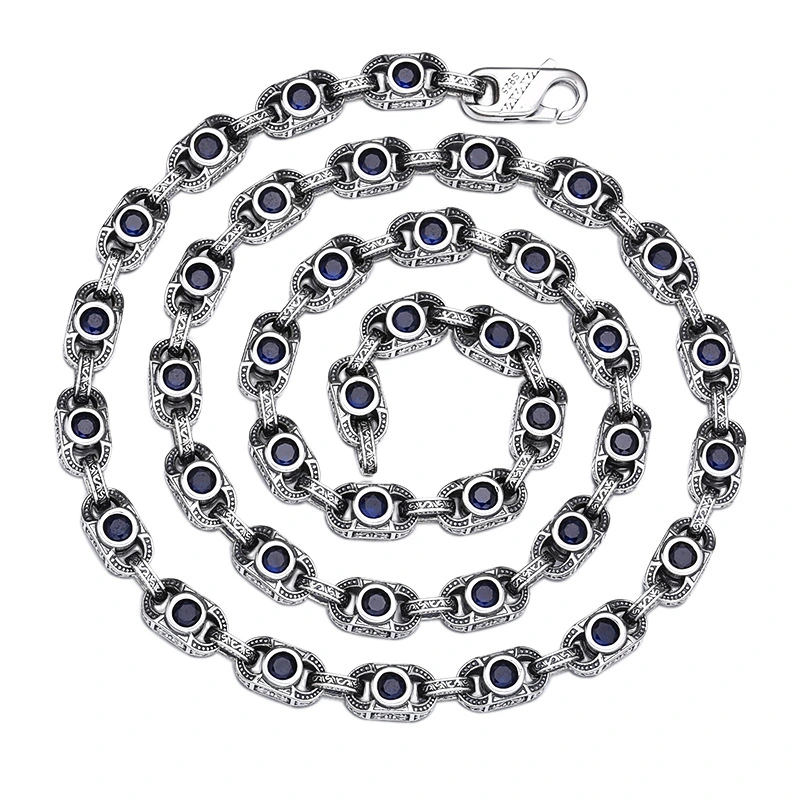 925 Sterling Silver Handmade Scroll & Fireworks Link Chain Necklace with Black Stones - Antique Silver Finish, 7mm Width, Multiple Lengths