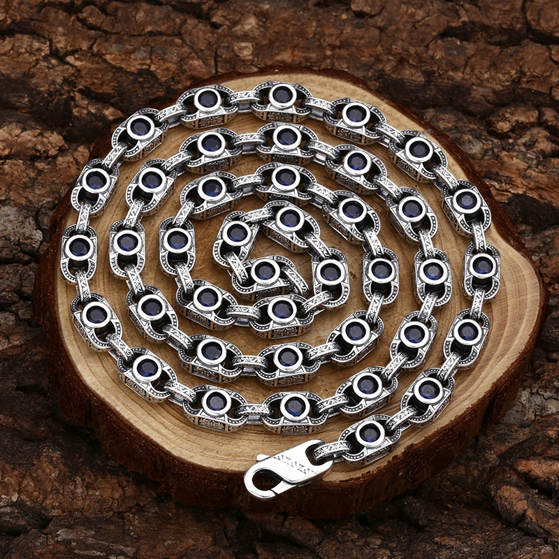 925 Sterling Silver Handmade Scroll & Fireworks Link Chain Necklace with Black Stones - Antique Silver Finish, 7mm Width, Multiple Lengths