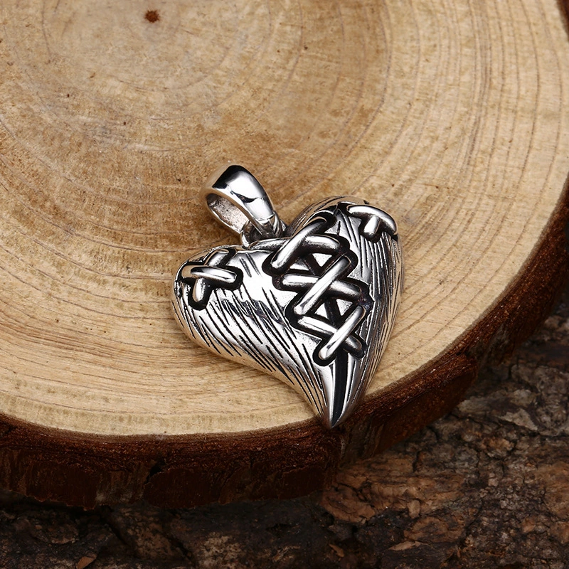 Antique Silver Pendant Necklace with Heart Sewn with Rope Design
