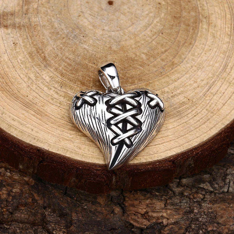 Antique Silver Pendant Necklace with Heart Sewn with Rope Design