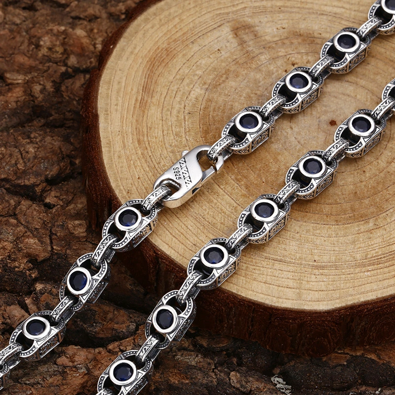 925 Sterling Silver Handmade Scroll & Fireworks Link Chain Necklace with Black Stones - Antique Silver Finish, 7mm Width, Multiple Lengths