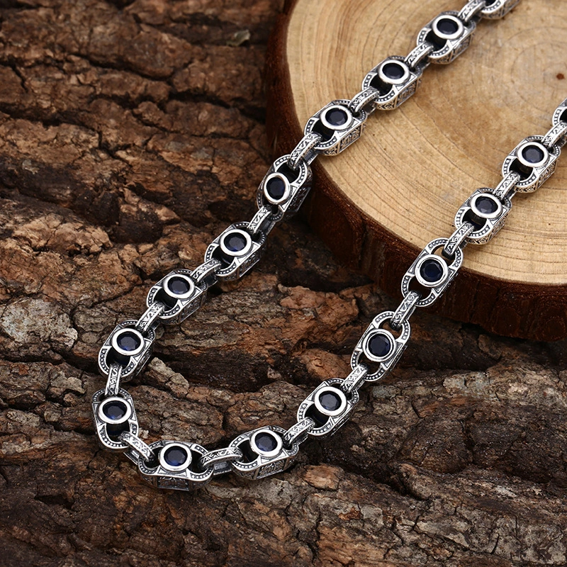 925 Sterling Silver Handmade Scroll & Fireworks Link Chain Necklace with Black Stones - Antique Silver Finish, 7mm Width, Multiple Lengths