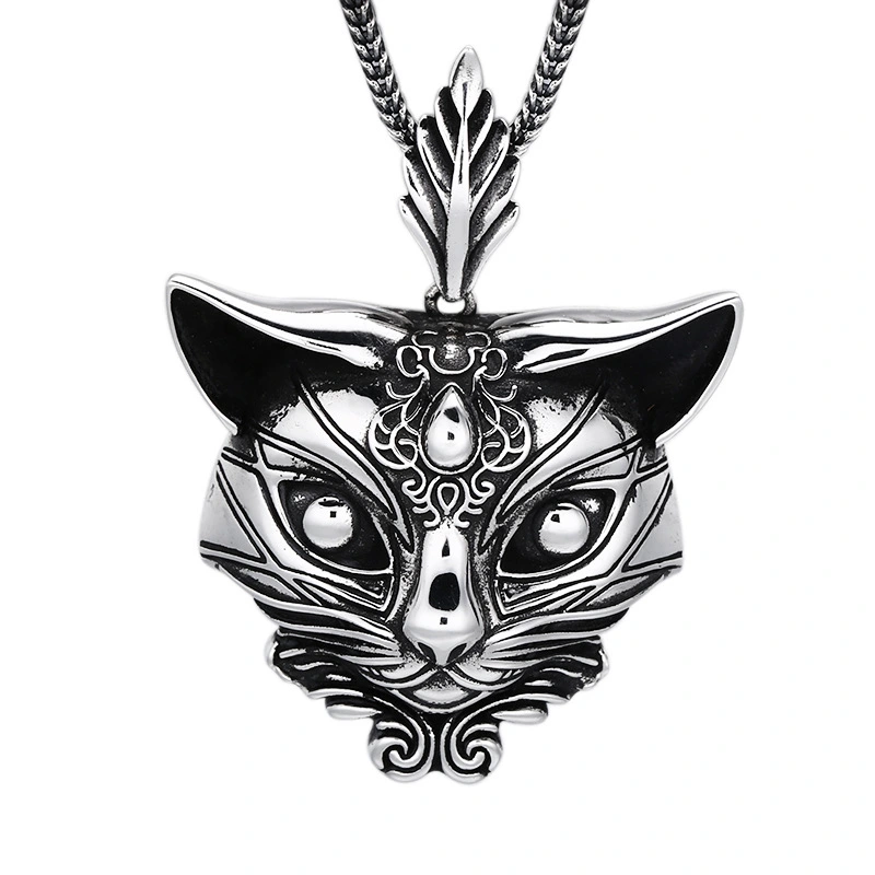 925 Sterling Silver Cat Head Pendant Necklace in Antique Silver Finish Whimsical Elegance Vintage Style Jewelry