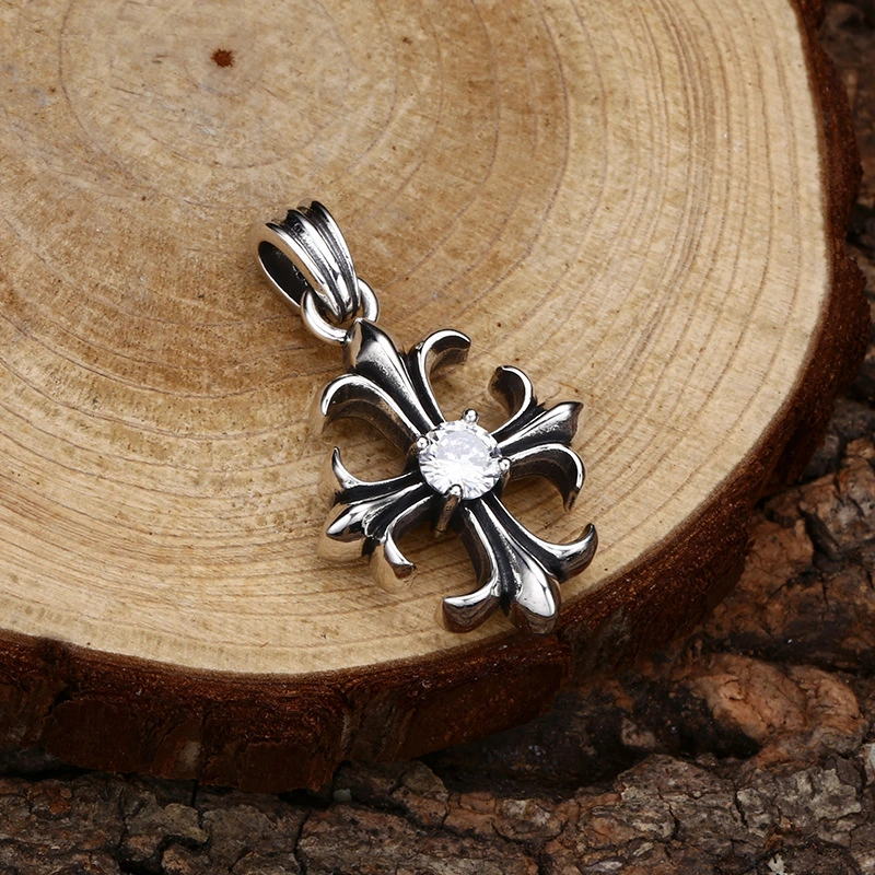 925 Sterling Silver Cross Pendant with Central White Crystal and Antique Finish Vintage Gothic Jewelry