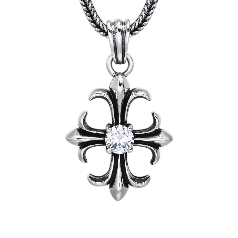 925 Sterling Silver Cross Pendant with Central White Crystal and Antique Finish Vintage Gothic Jewelry