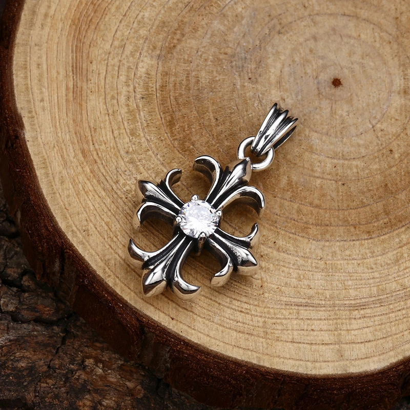 925 Sterling Silver Cross Pendant with Central White Crystal and Antique Finish Vintage Gothic Jewelry