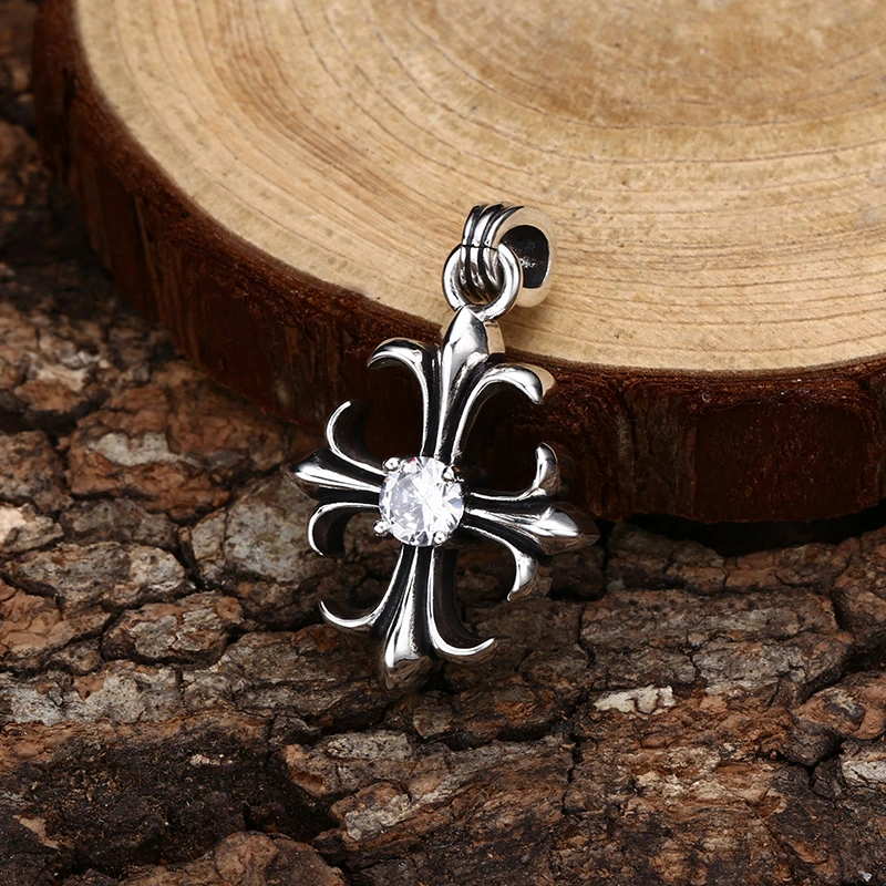 925 Sterling Silver Cross Pendant with Central White Crystal and Antique Finish Vintage Gothic Jewelry
