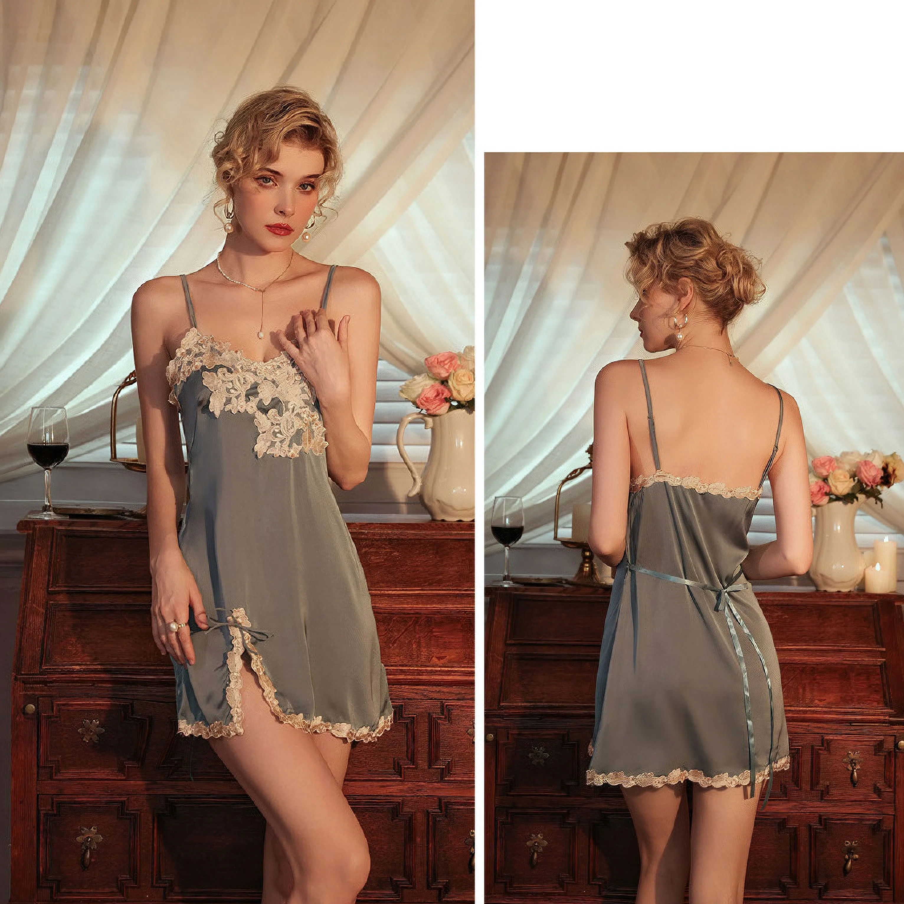 French ice silk suspender & Robe suit