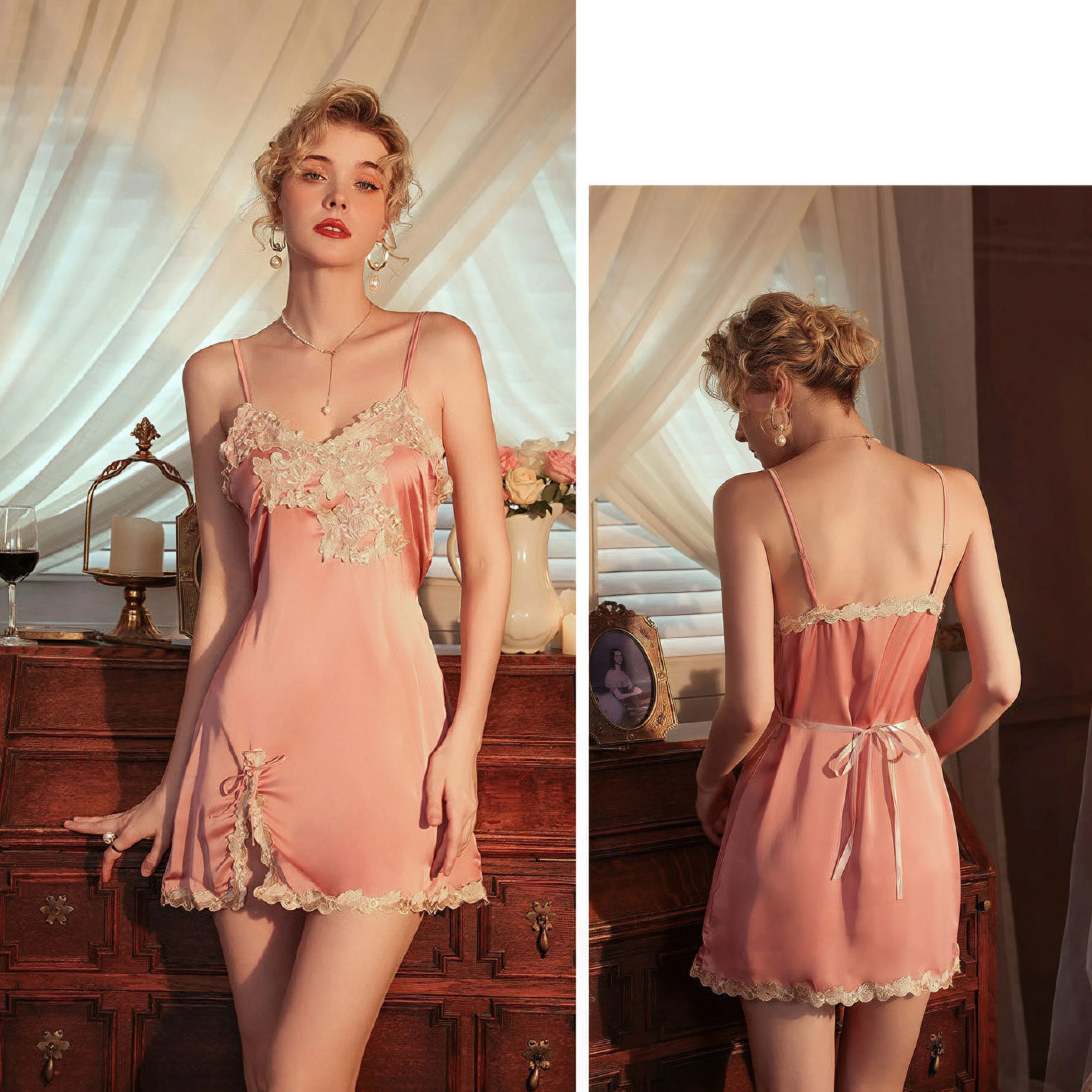 French ice silk suspender & Robe suit