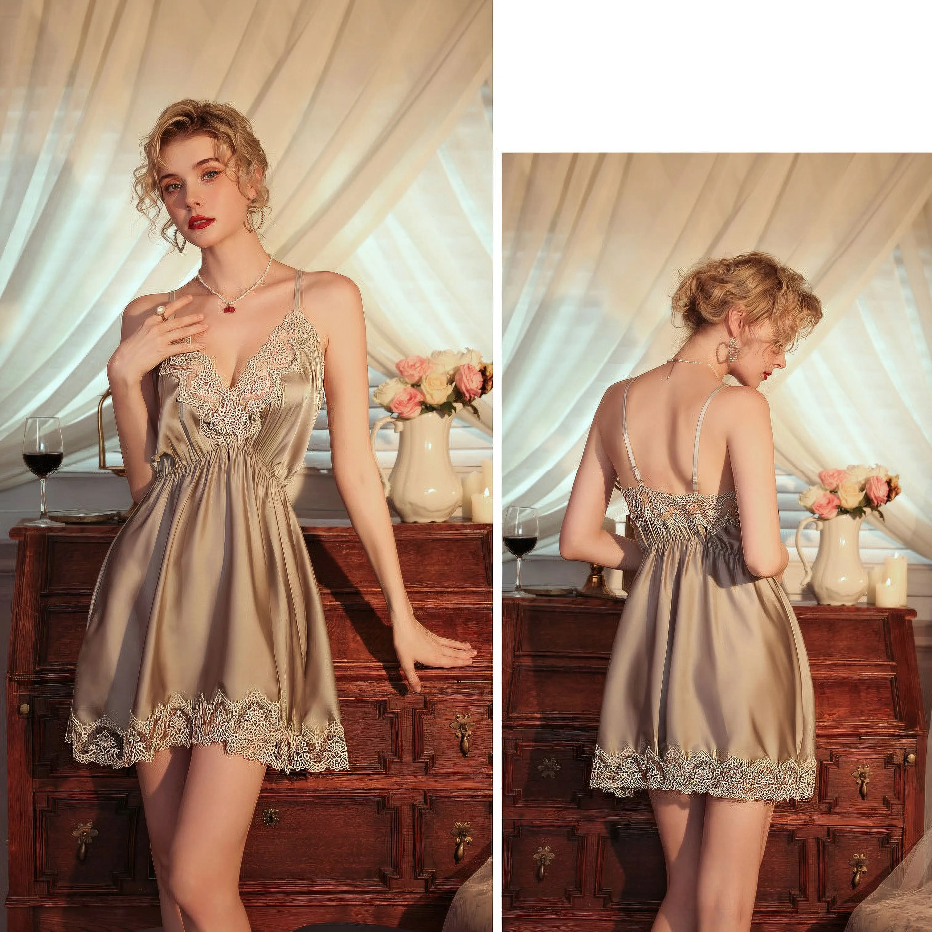Deep V-back satin cool sensation loungewear