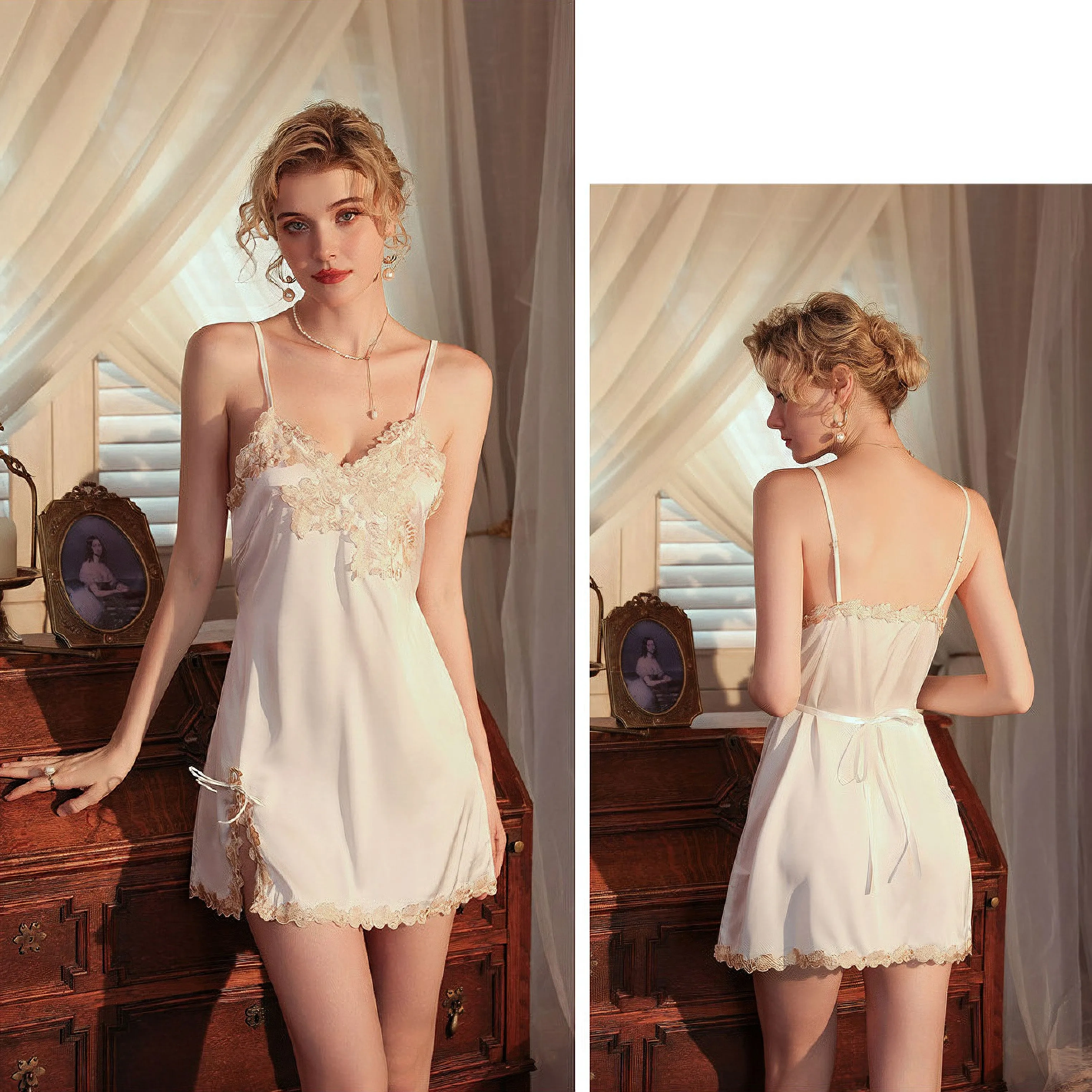 French ice silk suspender & Robe suit