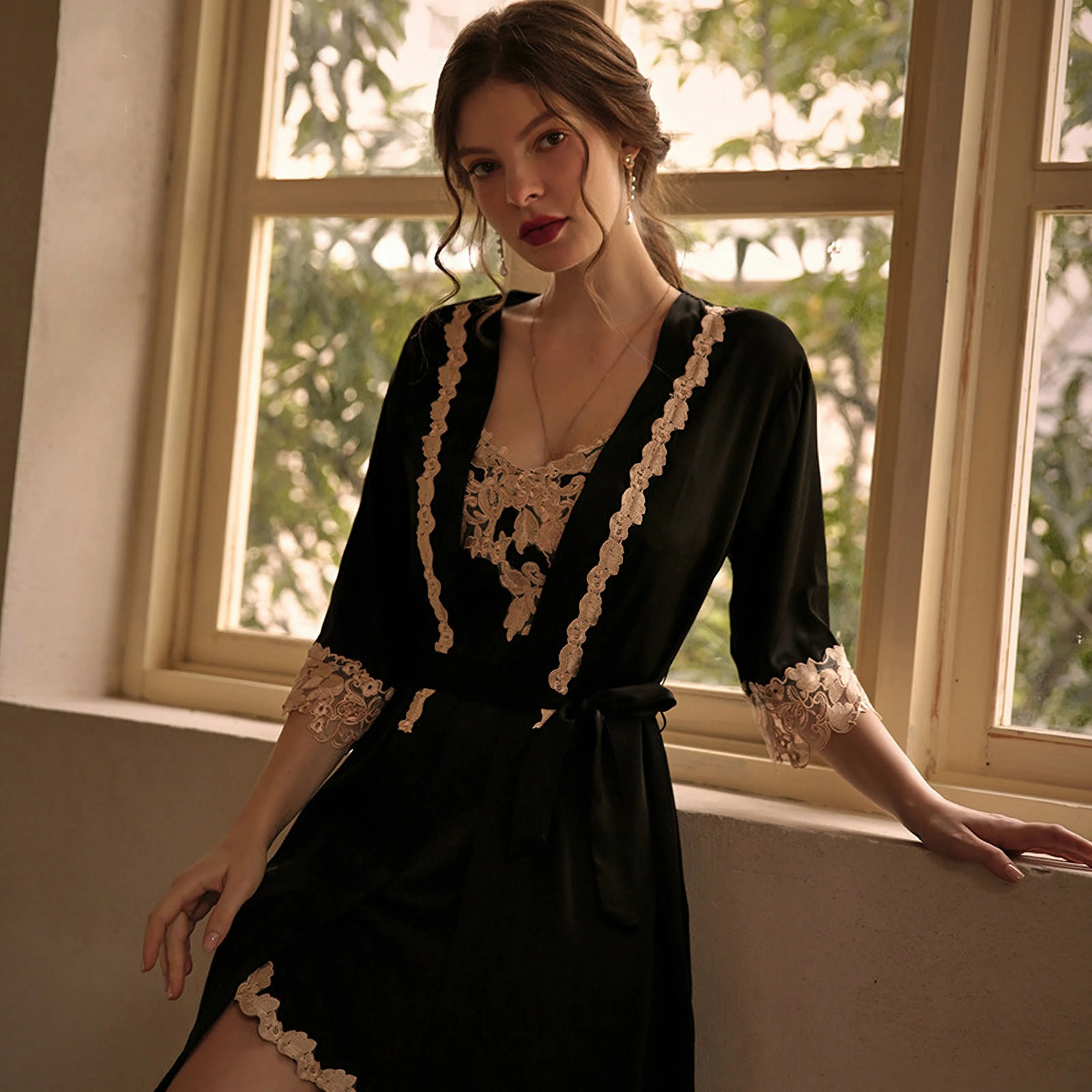 French ice silk suspender & Robe suit